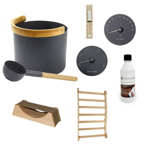 Havenly Essential Sauna Accessories Package | Bucket & Ladle, Thermometer, Hygrometer, Sand Timer, Backrest, Headrest, Paraffin Oil