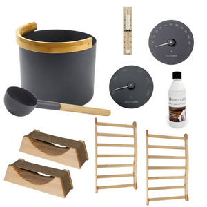 Havenly Essential Sauna Accessories Package | Bucket & Ladle, Thermometer, Hygrometer, Sand Timer, Backrest, Headrest, Paraffin Oil